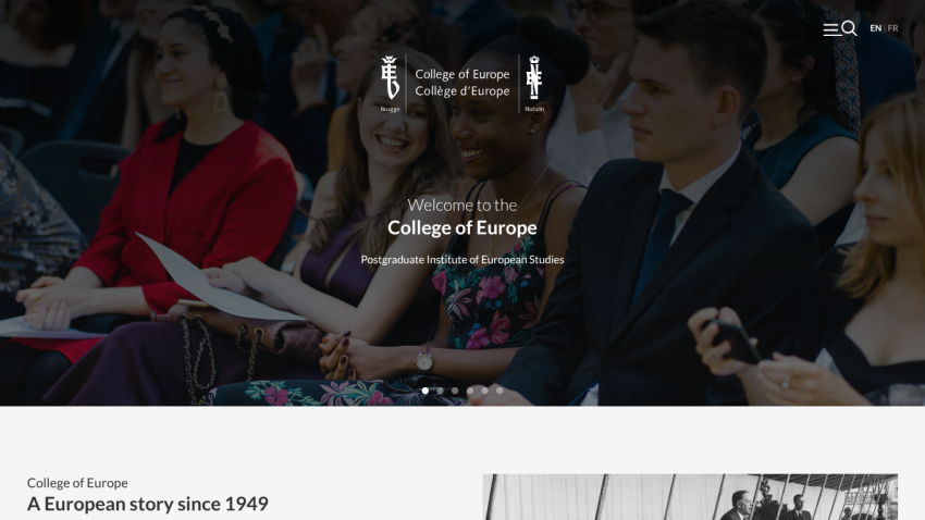 Homepage of College of Europe with welcome message and images of students.