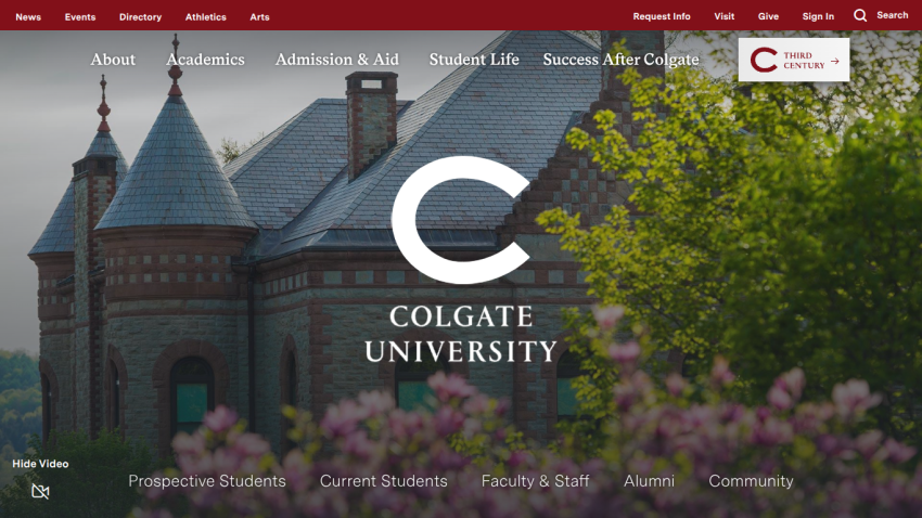 Colgate University homepage featuring the logo and navigation links with a scenic background.