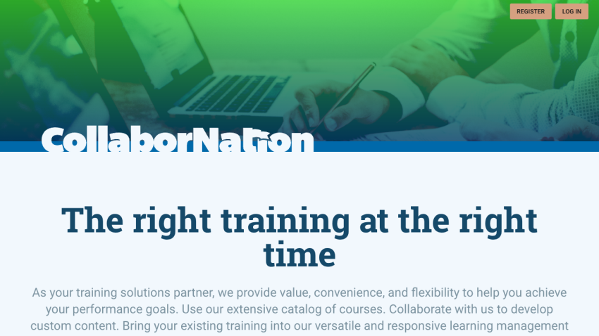 Homepage of CollaborNation promoting training solutions with a tagline.
