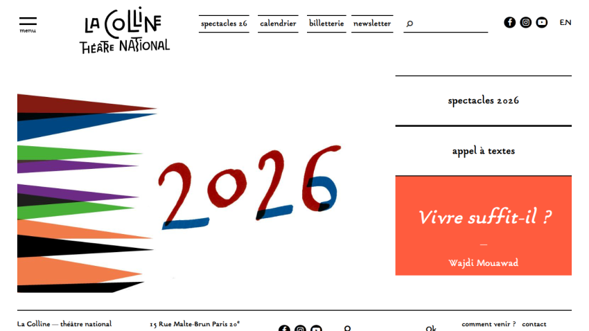 La Colline Théâtre National website showing 2026 spectacles and a call for texts by Wajdi Mouawad