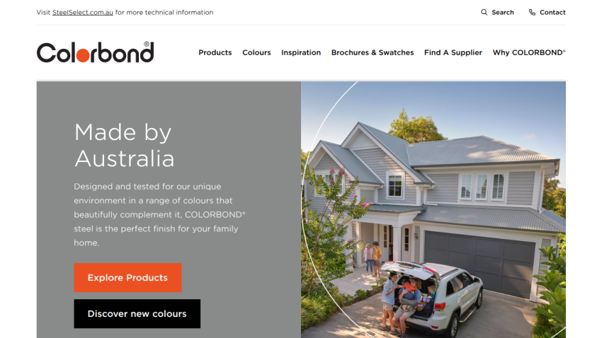 Colorbond homepage with navigation, headline 'Made by Australia', and image of a house with a car in driveway