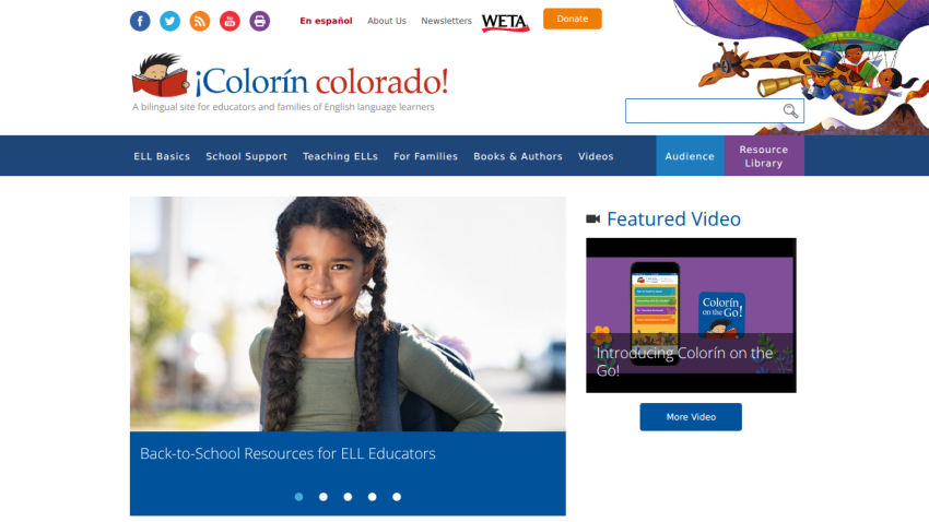 Homepage of Colorín Colorado featuring resources for ELL educators and a video section.
