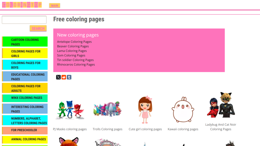 Homepage for free coloring pages with categories and images of characters.