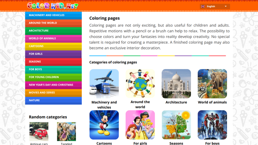Coloring pages website with categories for various themes and a brief description.