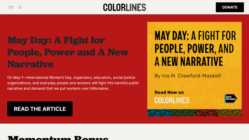 Article headline about May Day focusing on people and power narrative.