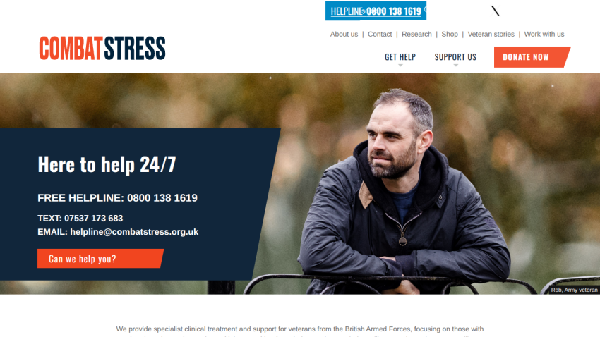 Combat Stress helpline offering 24/7 support for veterans with free helpline, text, and email contact options