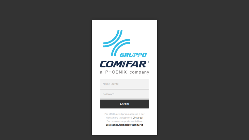 Login page for Gruppo Comifar with username and password fields and support contact info