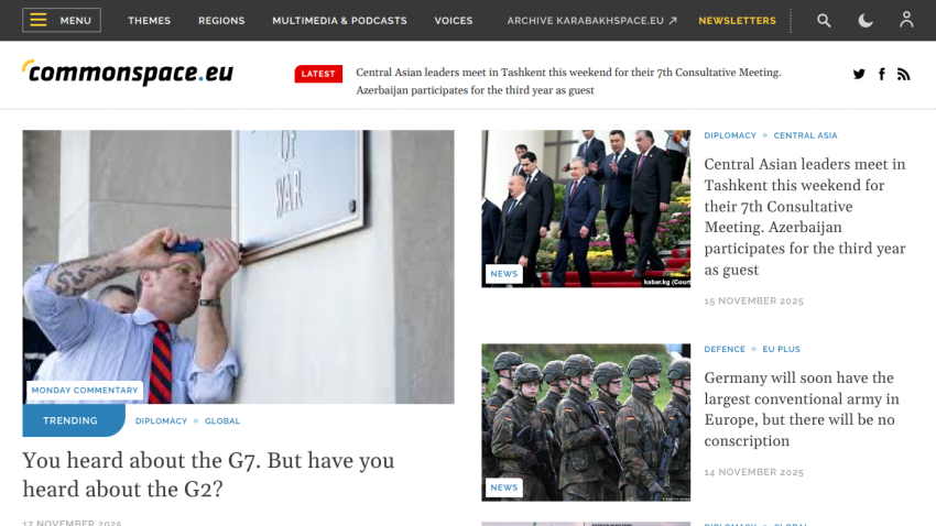 News site commonsapce.eu with headlines on G2, Central Asian leaders meeting, and Germany's army size