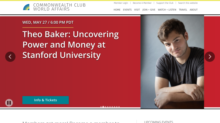 Event announcement for Theo Baker at Stanford University with date and ticket info.