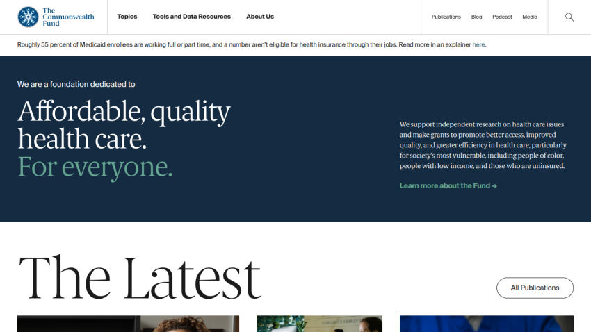 Homepage of The Commonwealth Fund highlighting affordable health care services.