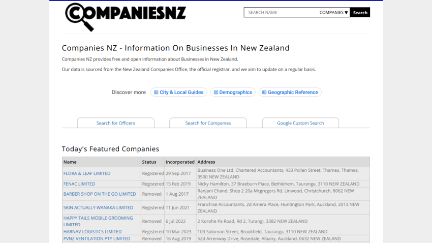Companies NZ homepage displaying information on businesses in New Zealand and featured companies.