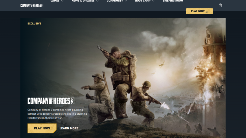 Company of Heroes 3 game promotion with soldiers in combat and options to play now or learn more