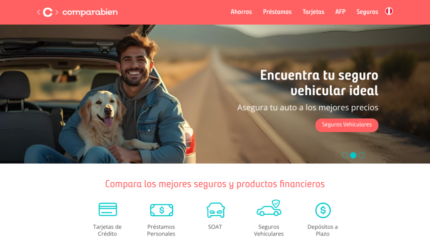 Homepage promoting vehicle insurance with a man and dog in a car, featuring a call to action.