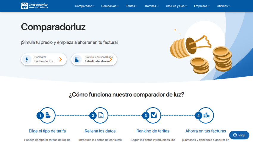 Website for comparing energy tariffs with steps for usage and savings.
