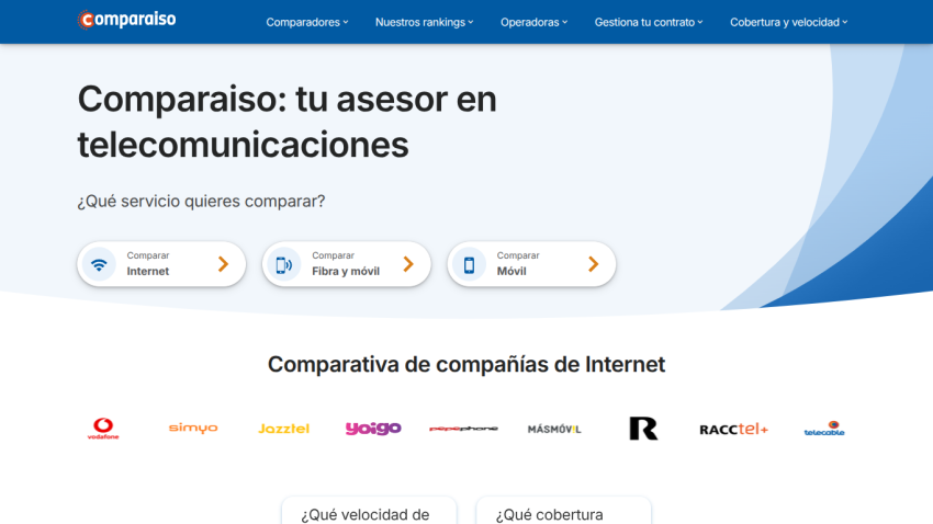 Comparaiso homepage offering telecommunications comparison services for Internet, fiber and mobile, with logos of various internet companies.