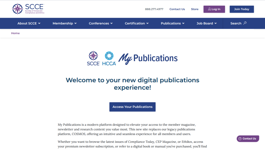 SCCE My Publications digital platform welcome page with access button and description of features