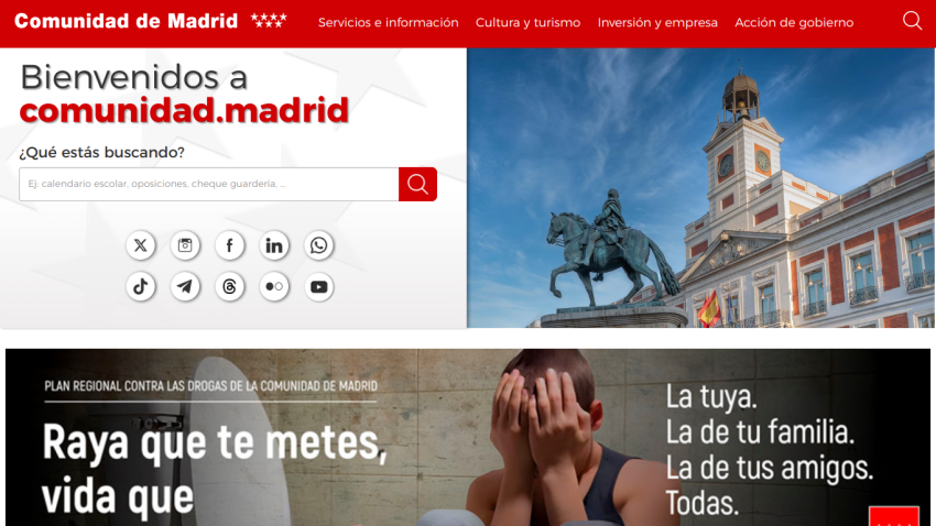 Welcome message for comunidad.madrid with navigation and promotional content.
