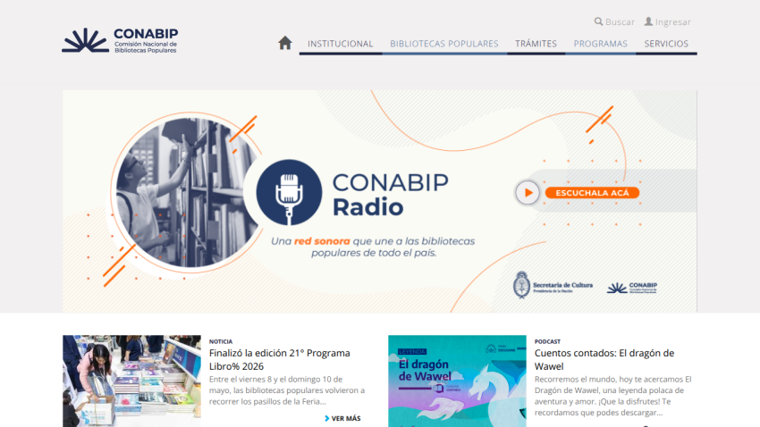 Homepage of CONABIP featuring radio section and news highlights.