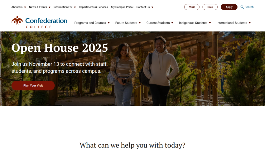 Confederation College homepage promoting Open House 2025 event with navigation menu and call to action to plan a visit.