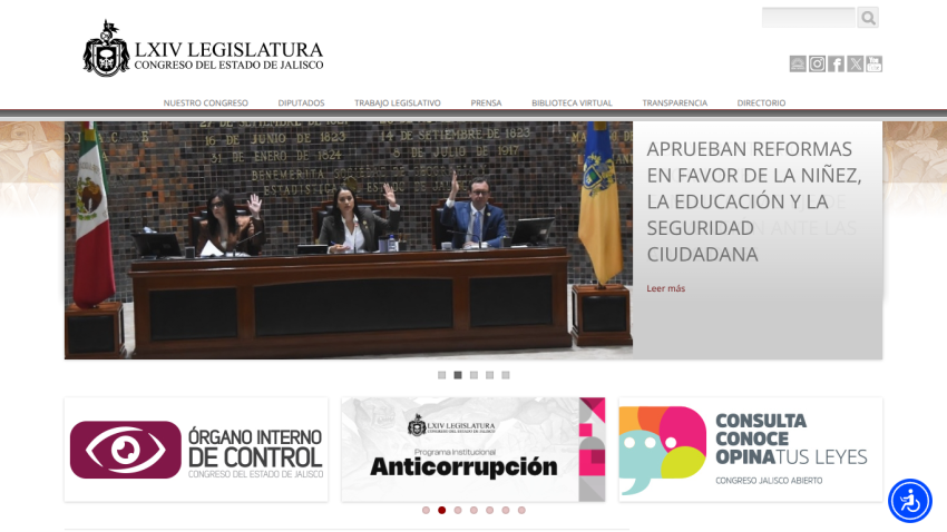 Website of the LXIV Legislature featuring a session approval headline and navigation options.