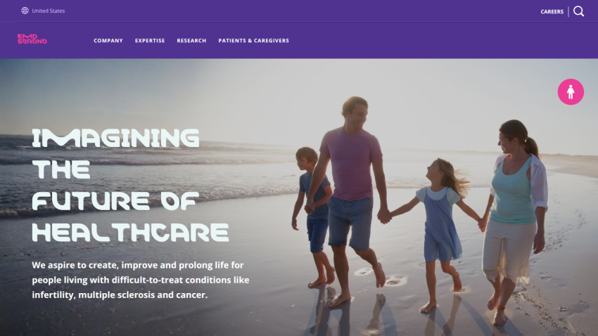Healthcare company homepage with a family walking on the beach and text about improving life for difficult-to-treat conditions
