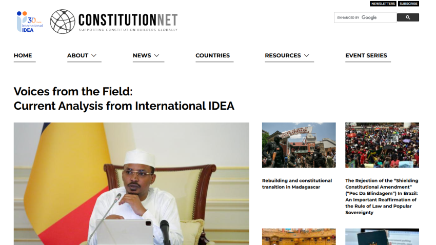 ConstitutionNet homepage featuring analysis articles with a man speaking in front of a flag and multiple article previews.
