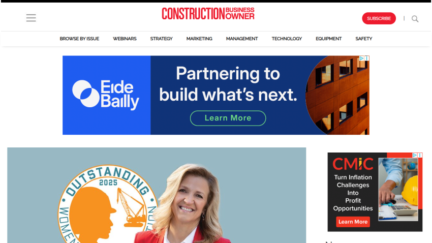 Construction Business Owner website with navigation and hero section featuring Outstanding Women in Construction 2025 and ads