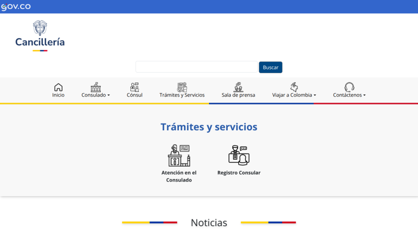 Homepage of Cancillería with navigation and services section displayed.