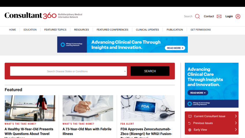 Consultant 360 homepage featuring health articles and a search bar.