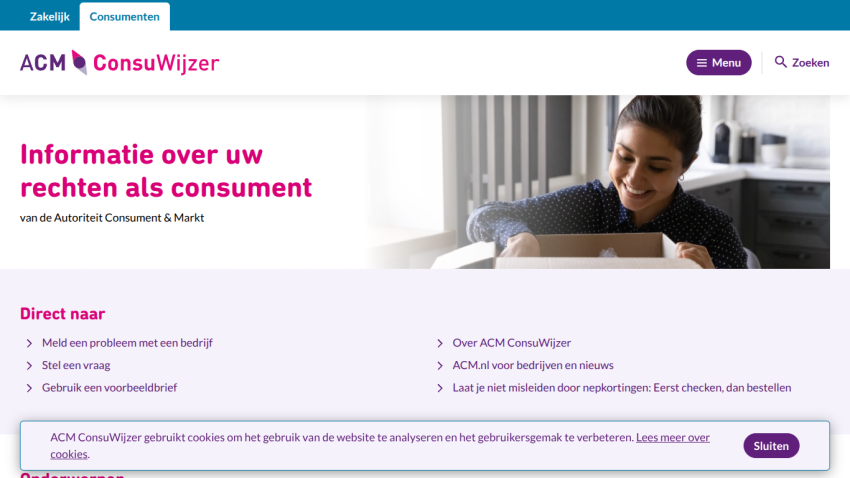 Consumer rights information with navigation links and a smiling woman using a laptop.
