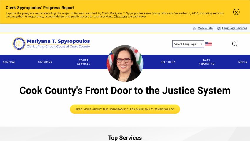 Cook County's Front Door to the Justice System with navigation and call-to-action button