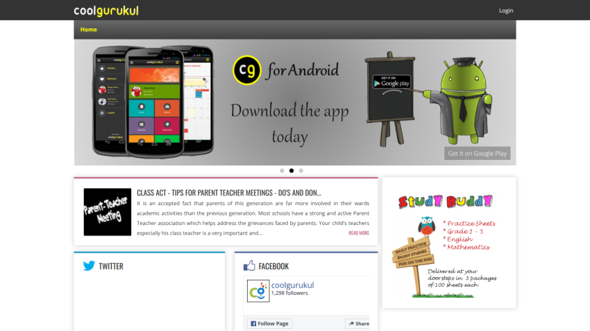 Homepage of CoolGurukul featuring app download prompt and various app screenshots.