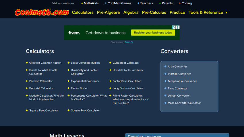Homepage of Coolmath.com featuring calculators and converters in a dark theme.