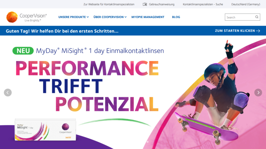 Homepage featuring a new contact lens product with a skateboarder and promotional text.