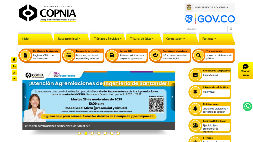 COPNIA website homepage with navigation tabs, public service links, and announcement for engineering association election event
