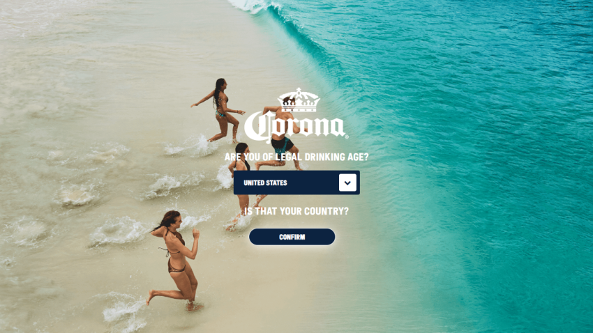 Corona website with beach background and prompt to select country for drinking age verification