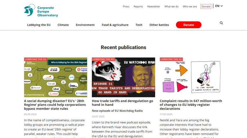 Homepage of Corporate Europe Observatory featuring recent publications and navigation options.