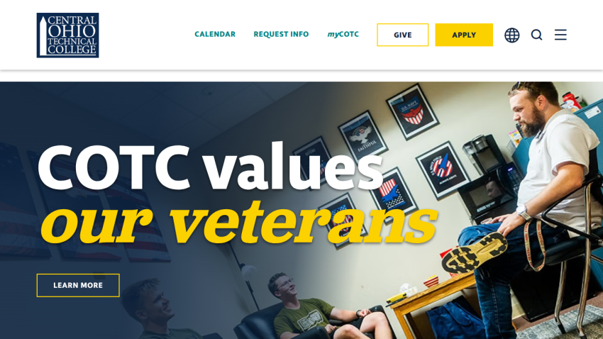 Central Ohio Technical College homepage highlighting support for veterans with a learn more button