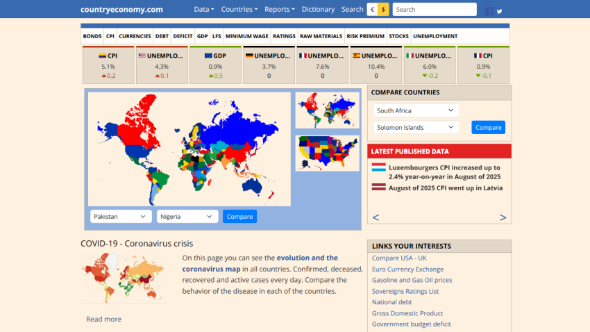 World map displaying COVID-19 data by country with statistics and links.