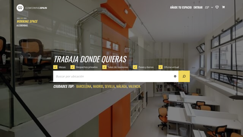 Workspace website featuring a search bar and modern office interior.