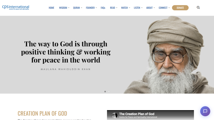 Website header featuring a quote about positive thinking and peace, with an image of an elderly man.