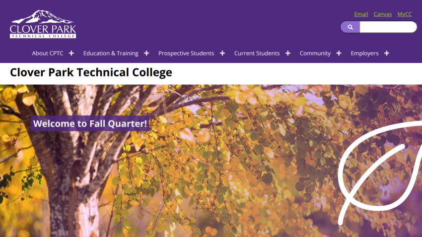Clover Park Technical College homepage with fall-themed hero image and welcome message for Fall Quarter.