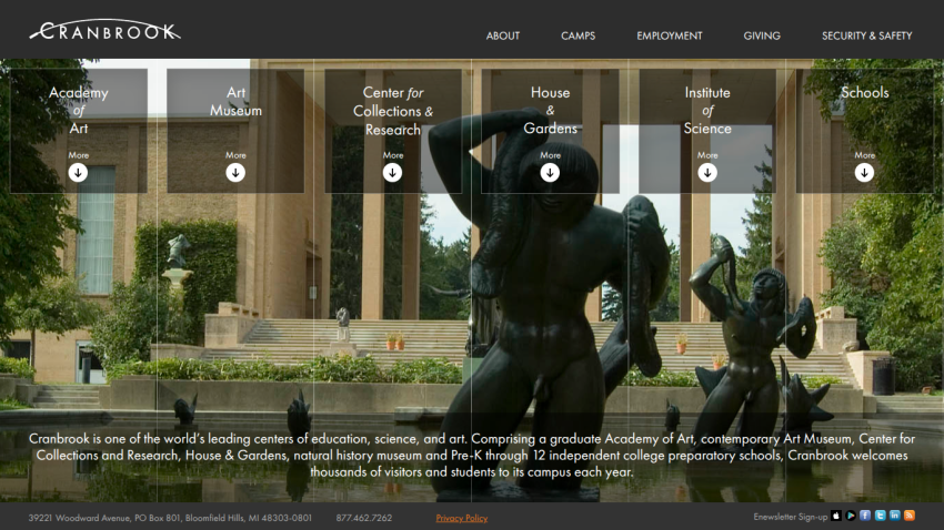 Cranbrook homepage with navigation links and description of its educational and cultural offerings