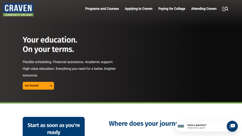 Craven Community College homepage with navigation and headline about flexible education options
