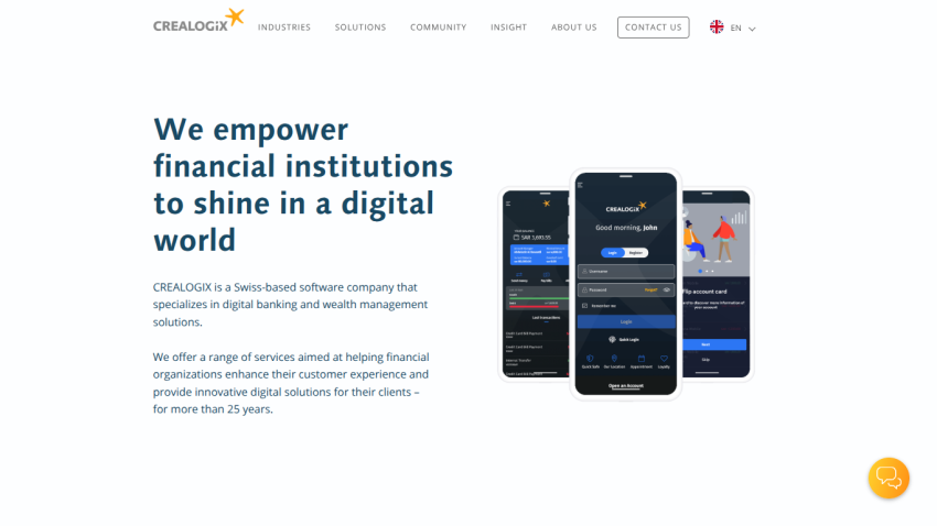 CREALOGIX homepage with navigation and hero text about empowering financial institutions digitally, plus mobile app images