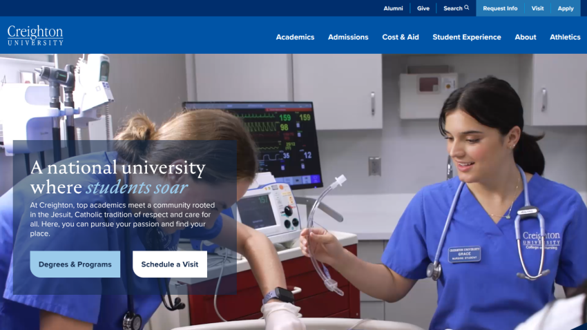 Creighton University homepage featuring a nursing student assisting a patient, with key text about the university's mission.