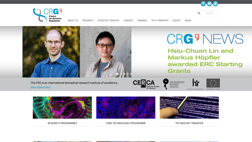 CRG9 news section featuring researchers awarded ERC Starting Grants and images of research programs.