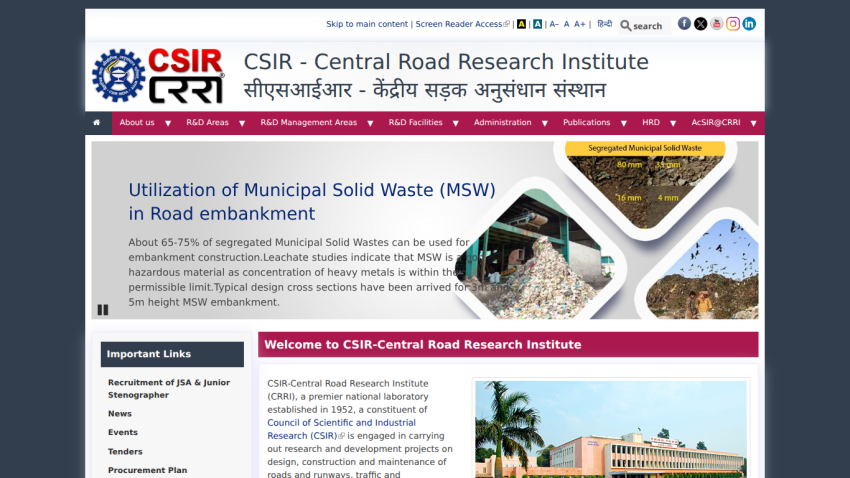 CSIR Central Road Research Institute homepage with navigation menu, Mobile Bridge Inspection Unit info, and institute welcome text