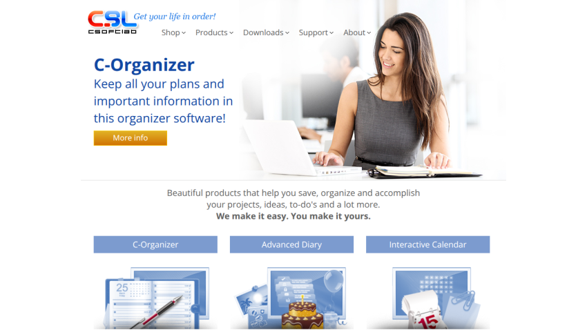 C-Organizer software promotion with a woman at a desk and product features listed.