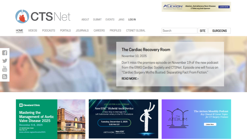 CTSNnet homepage with navigation, search, and featured content on cardiac recovery and upcoming events